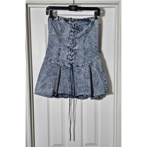 Daisy Corset Denim Mini Dress/Romper Small Lace Up Strapless Shorts Underneath